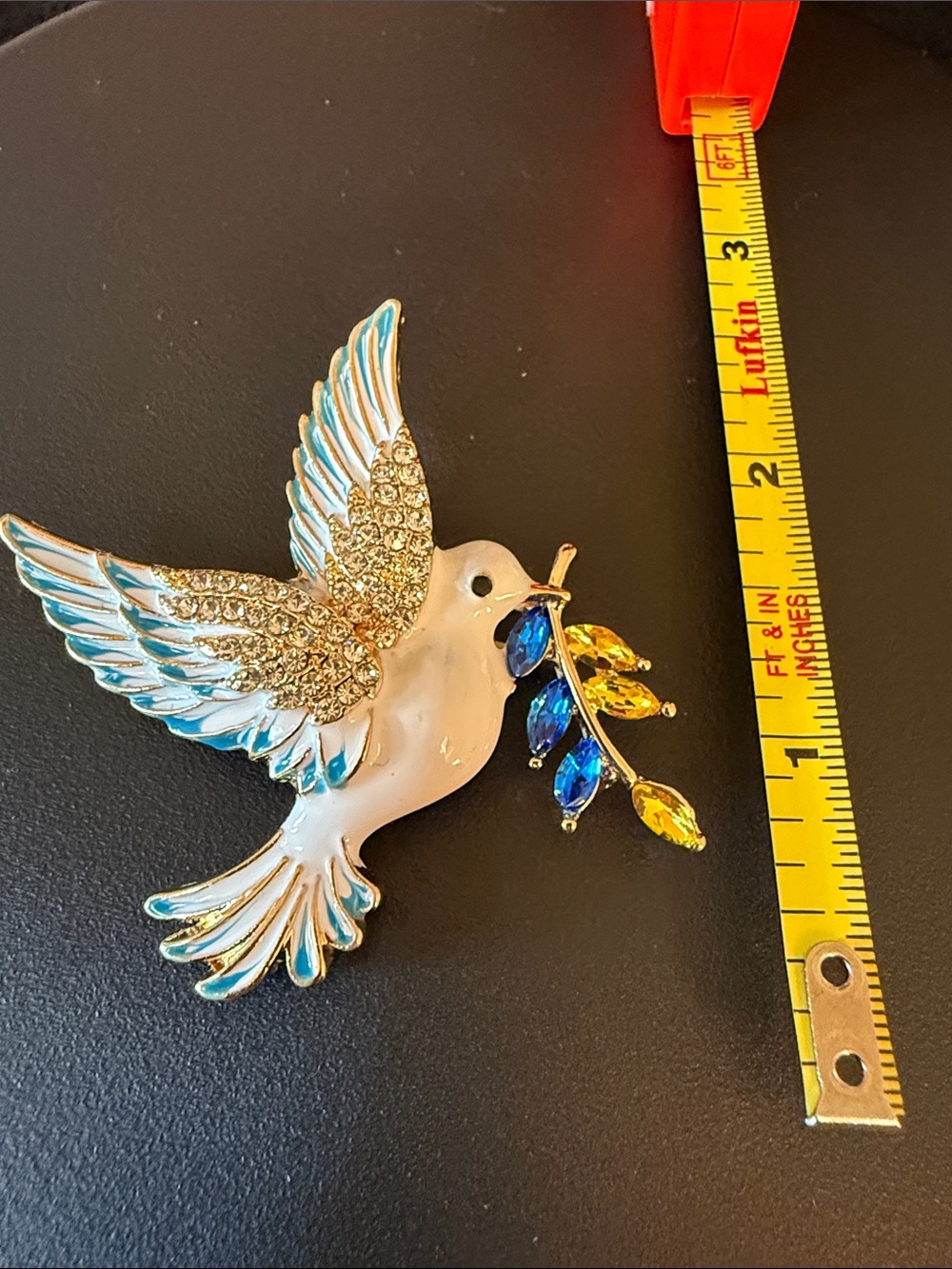 Blue & Gold Dove Brooch Pin with Crystal Olive Branch
